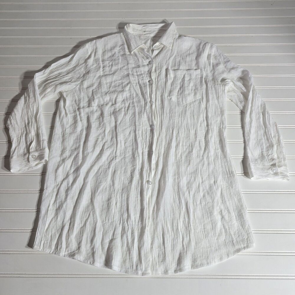 OS White Oversized Linen Collared Button Up Boyfriend Shirt One Size